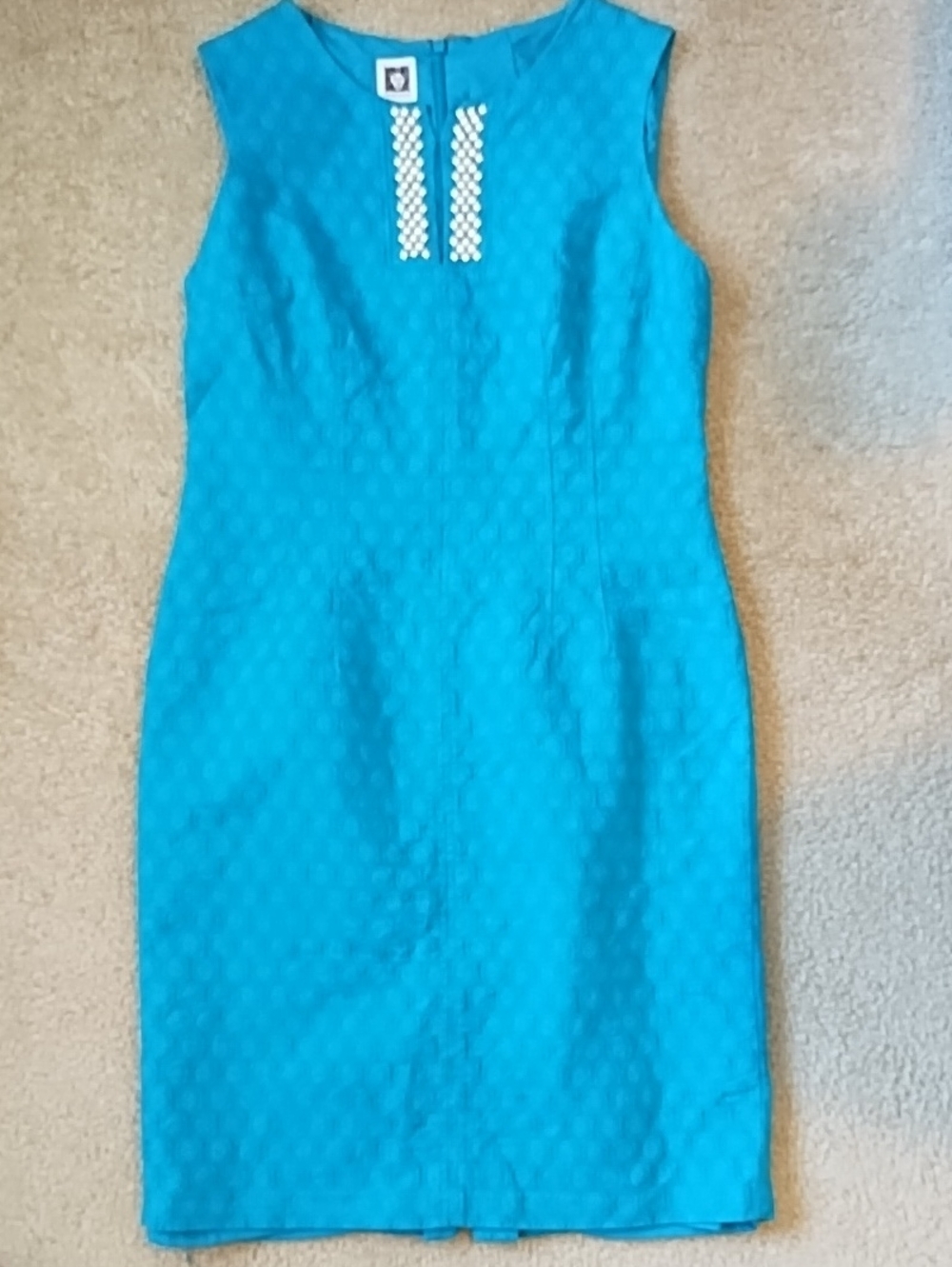 Ann Klein 100% Cotton Jacquard Sheath Dress Turquoise Blue Size 10 Sleeveless